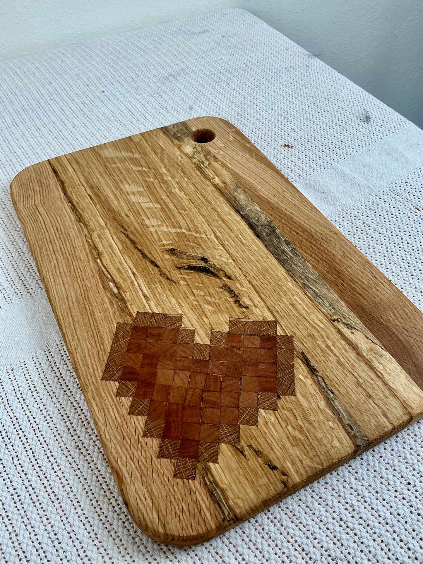 White Oak Heart Cutting Board | Handmade Pixel Heart Charcuterie Board | Artisan Oak Serving Board | Modern Rustic Kitchen Decor