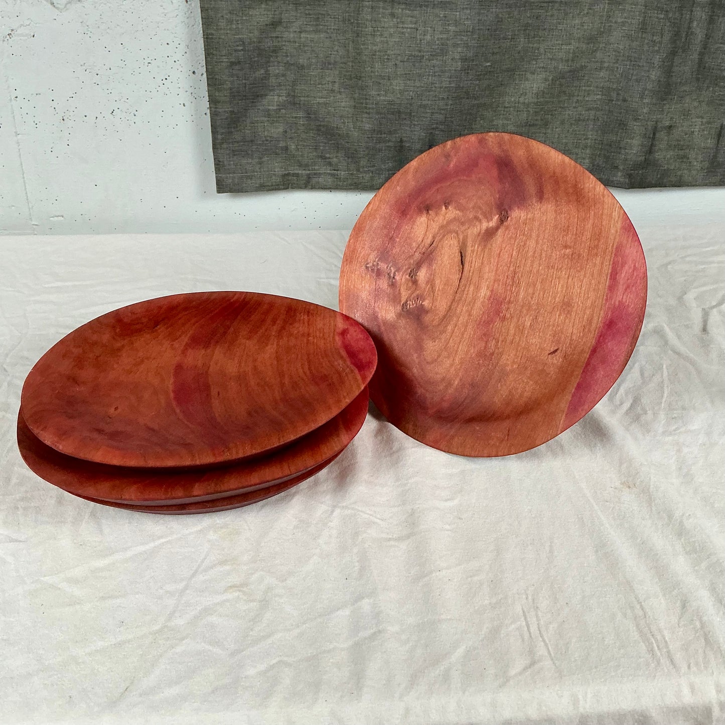Set of 4 Cherry Wood Plates | Natural Beet Stain Serving Dishes (Food-Safe)
