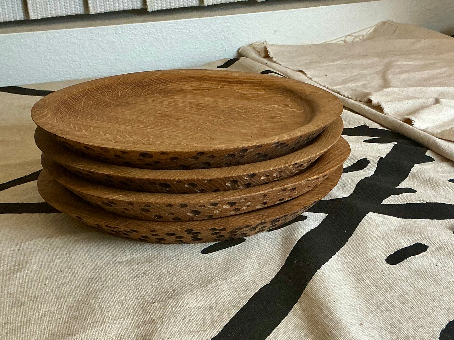 Set of 4 Oak Burl Wood Plates | Hand Carved Wooden Plate Set | Sculpted Edge Dinnerware | Natural Texture Plates | The Basics by CGP  (