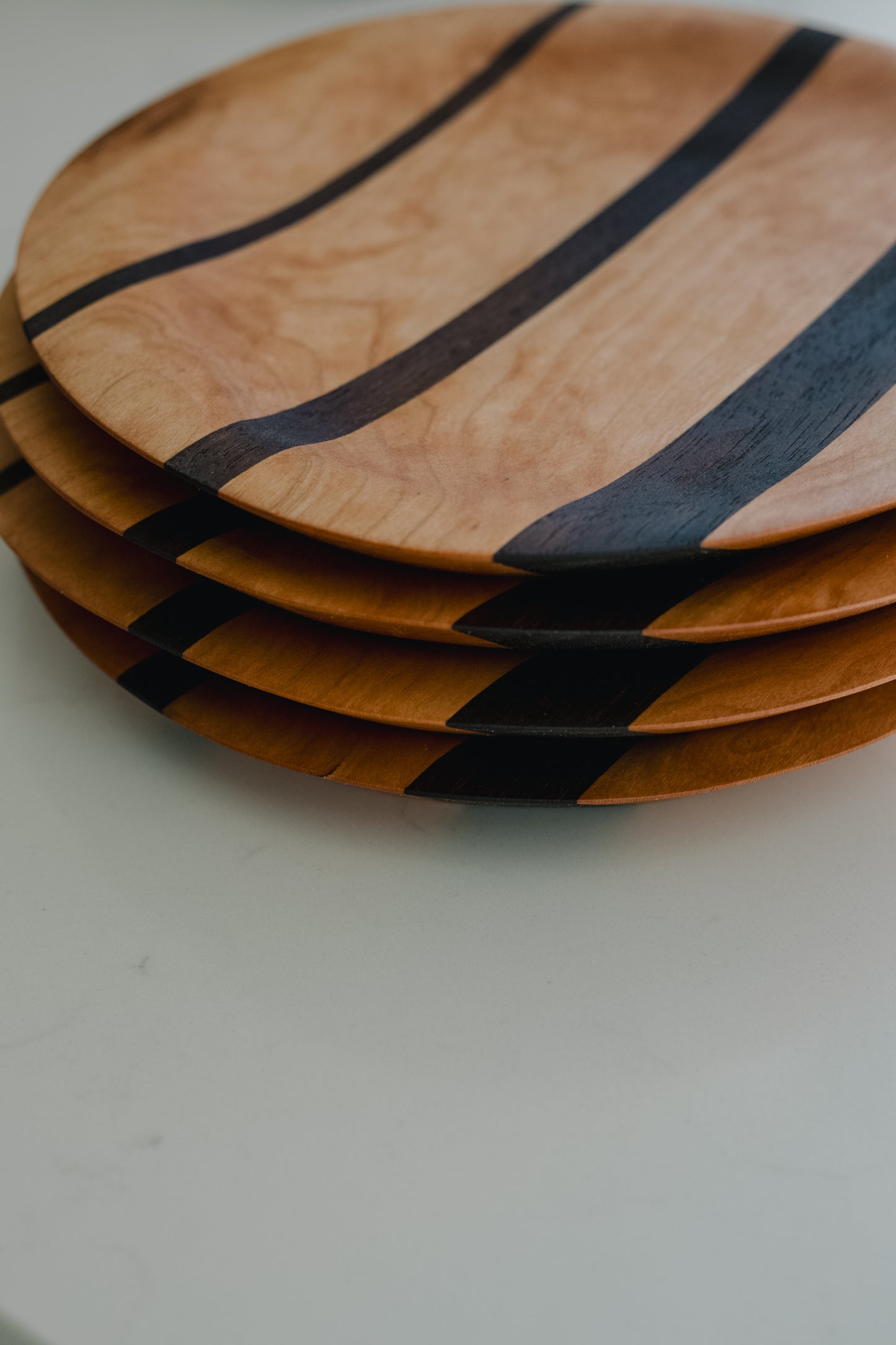 Set of 4 Walnut Cherry Wood Plates | Bold Stripe Handmade Dinnerware