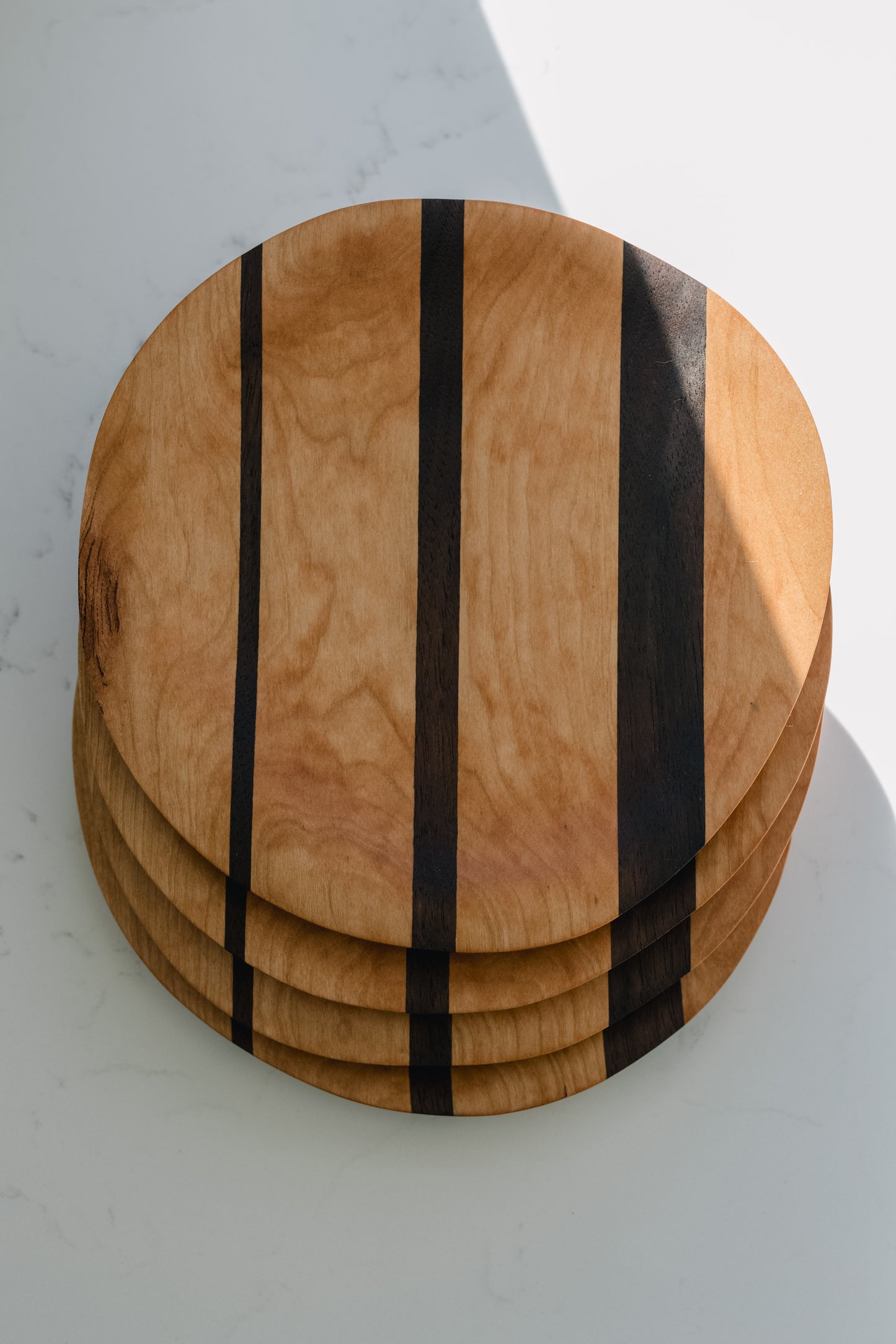 Set of 4 Walnut Cherry Wood Plates | Bold Stripe Handmade Dinnerware